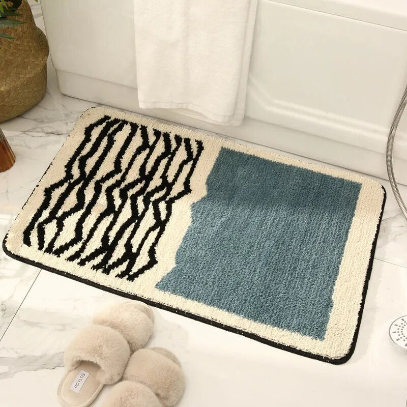 Abstract Bath Mat Tufted Non Slip Bathroom Rug Soft Absorbent Machine Washable Shower Mat with Colour Block Design for Bathroom and Bedroom