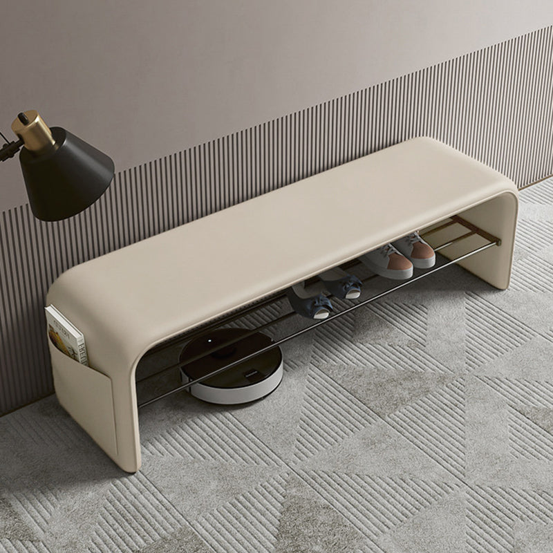 Faux Leather Shoe Bench with Storage Shelf Carbon Steel Entryway Bench Upholstered Hallway Seat with Side Pocket for Entryway and Bedroom