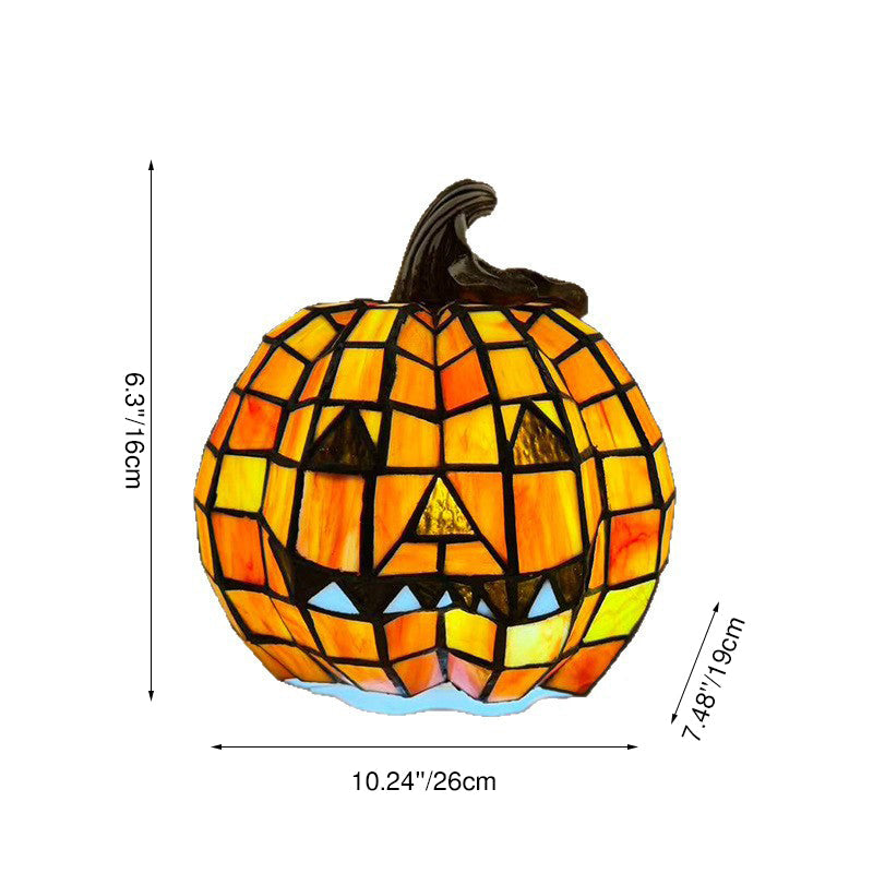 Stained Glass Pumpkin Table Lamp Jack O Lantern Decorative Light Glass and Resin Halloween Bedside Lamp for Living Room | Bedroom and Kids Room
