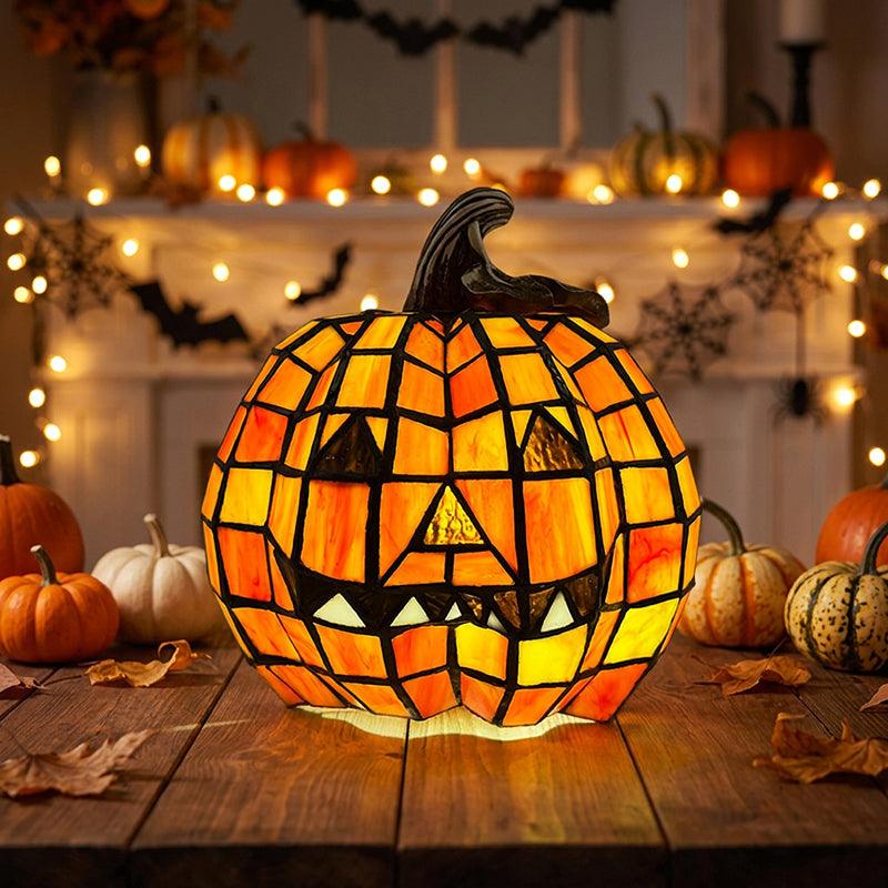 Stained Glass Pumpkin Table Lamp Jack O Lantern Decorative Light Glass and Resin Halloween Bedside Lamp for Living Room | Bedroom and Kids Room