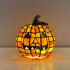 Stained Glass Pumpkin Table Lamp Jack O Lantern Decorative Light Glass and Resin Halloween Bedside Lamp for Living Room | Bedroom and Kids Room