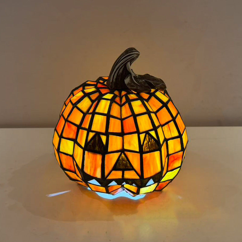 Stained Glass Pumpkin Table Lamp Jack O Lantern Decorative Light Glass and Resin Halloween Bedside Lamp for Living Room | Bedroom and Kids Room