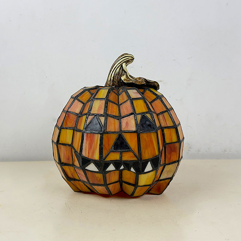Stained Glass Pumpkin Table Lamp Jack O Lantern Decorative Light Glass and Resin Halloween Bedside Lamp for Living Room | Bedroom and Kids Room