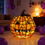 Stained Glass Pumpkin Table Lamp Jack O Lantern Decorative Light Glass and Resin Halloween Bedside Lamp for Living Room | Bedroom and Kids Room