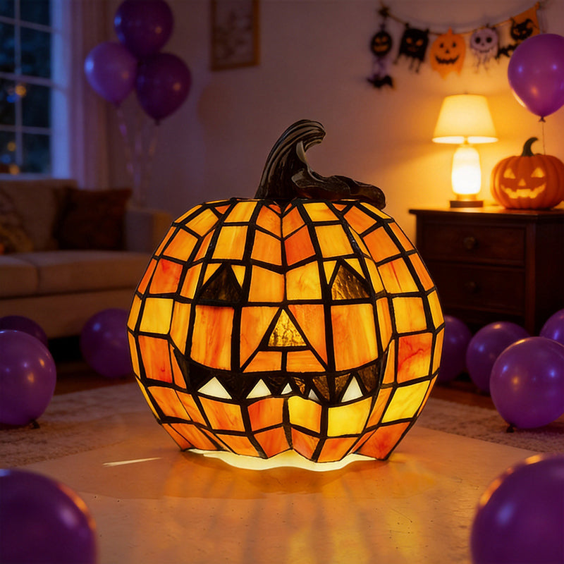 Stained Glass Pumpkin Table Lamp Jack O Lantern Decorative Light Glass and Resin Halloween Bedside Lamp for Living Room | Bedroom and Kids Room