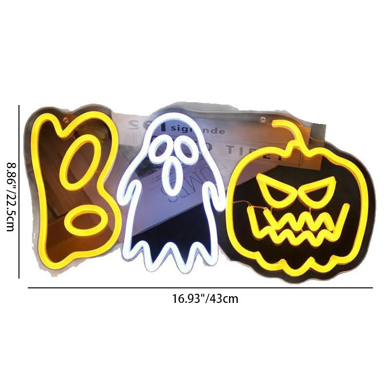 Halloween Neon Sign LED Pumpkin and Ghost Boo Light USB Powered Hanging or Tabletop Neon Lamp for Party | Living Room and Window Decoration