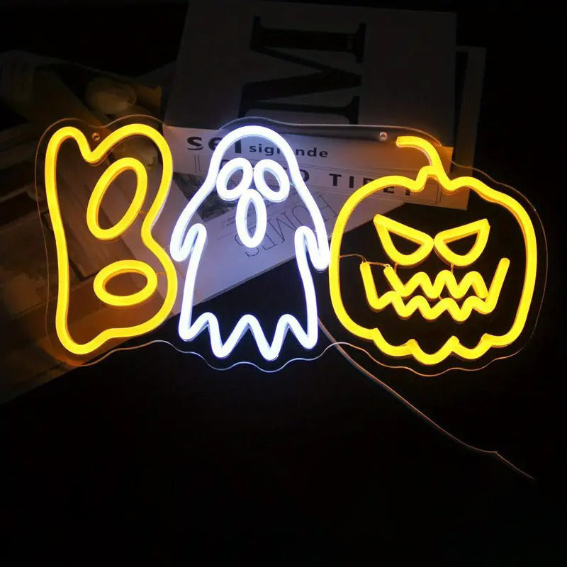 Halloween Neon Sign LED Pumpkin and Ghost Boo Light USB Powered Hanging or Tabletop Neon Lamp for Party | Living Room and Window Decoration