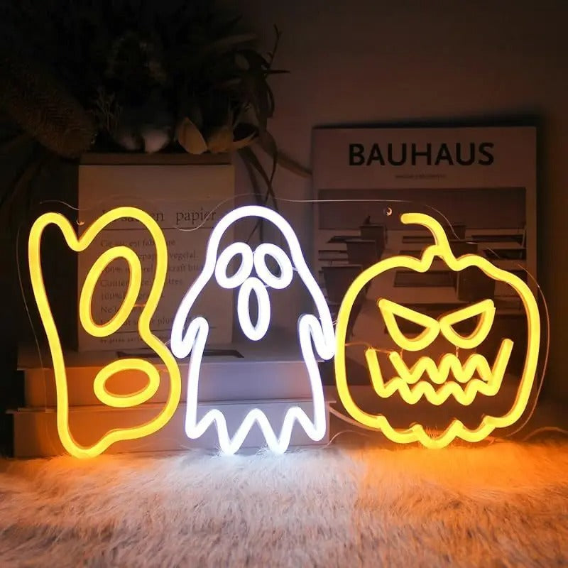 Halloween Neon Sign LED Pumpkin and Ghost Boo Light USB Powered Hanging or Tabletop Neon Lamp for Party | Living Room and Window Decoration