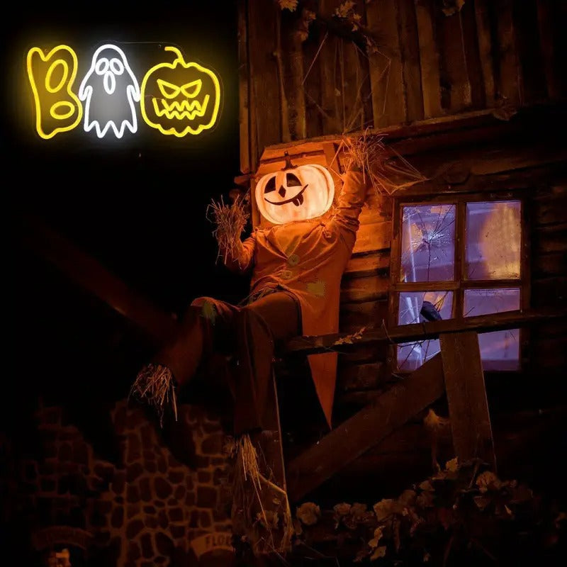 Halloween Neon Sign LED Pumpkin and Ghost Boo Light USB Powered Hanging or Tabletop Neon Lamp for Party | Living Room and Window Decoration