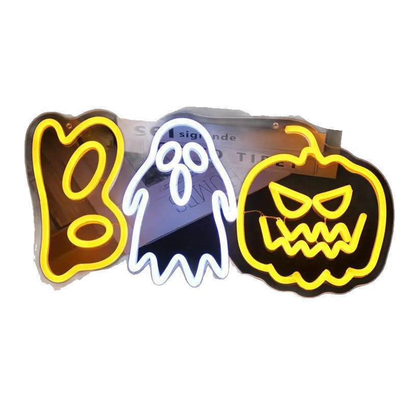Halloween Neon Sign LED Pumpkin and Ghost Boo Light USB Powered Hanging or Tabletop Neon Lamp for Party | Living Room and Window Decoration