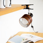 Wooden Clip On Spotlight Japanese Style Clamp Lamp Adjustable Wood and Metal Reading Light for Bedside | Shelf and Desk