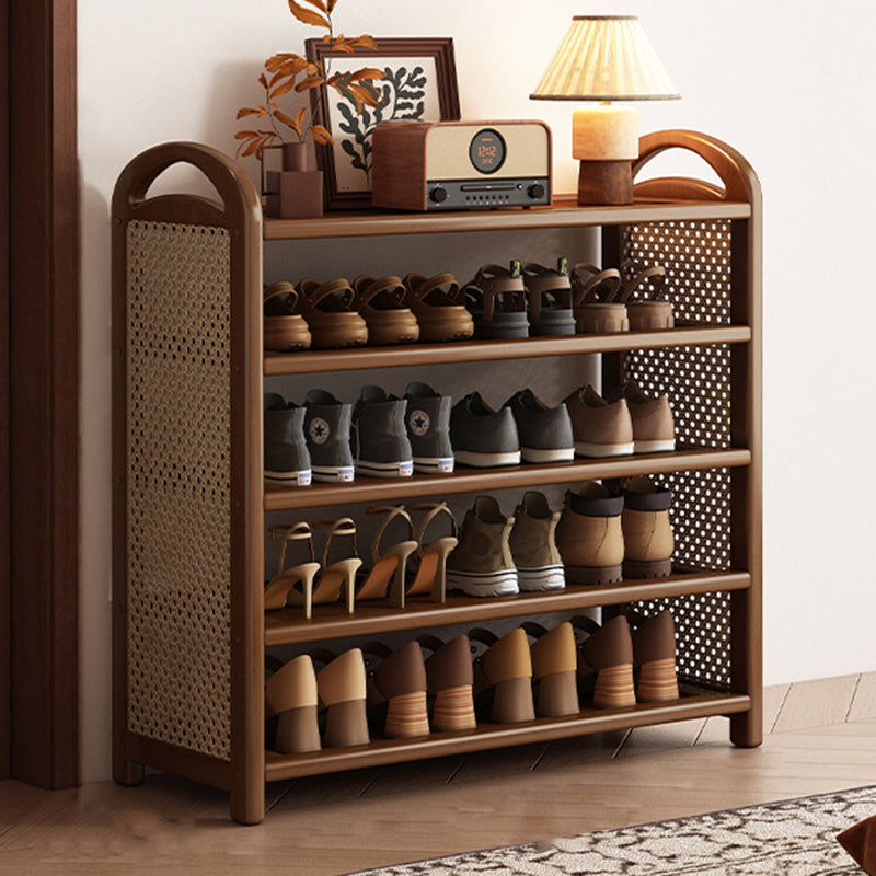 Rattan Shoe Rack Vintage Tiered Shoe Storage Shelf Bamboo Frame with Woven Rattan Side Panels and Handles for Hallway | Entryway and Living Room