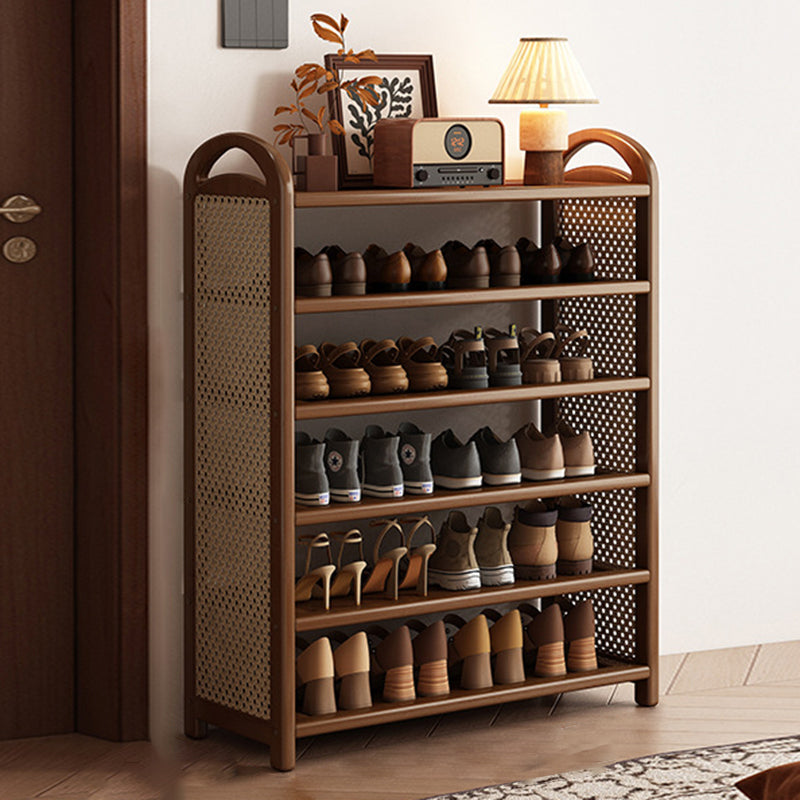 Rattan Shoe Rack Vintage Tiered Shoe Storage Shelf Bamboo Frame with Woven Rattan Side Panels and Handles for Hallway | Entryway and Living Room