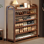 Rattan Shoe Rack Vintage Tiered Shoe Storage Shelf Bamboo Frame with Woven Rattan Side Panels and Handles for Hallway | Entryway and Living Room
