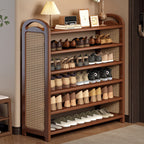 Rattan Shoe Rack Vintage Tiered Shoe Storage Shelf Bamboo Frame with Woven Rattan Side Panels and Handles for Hallway | Entryway and Living Room