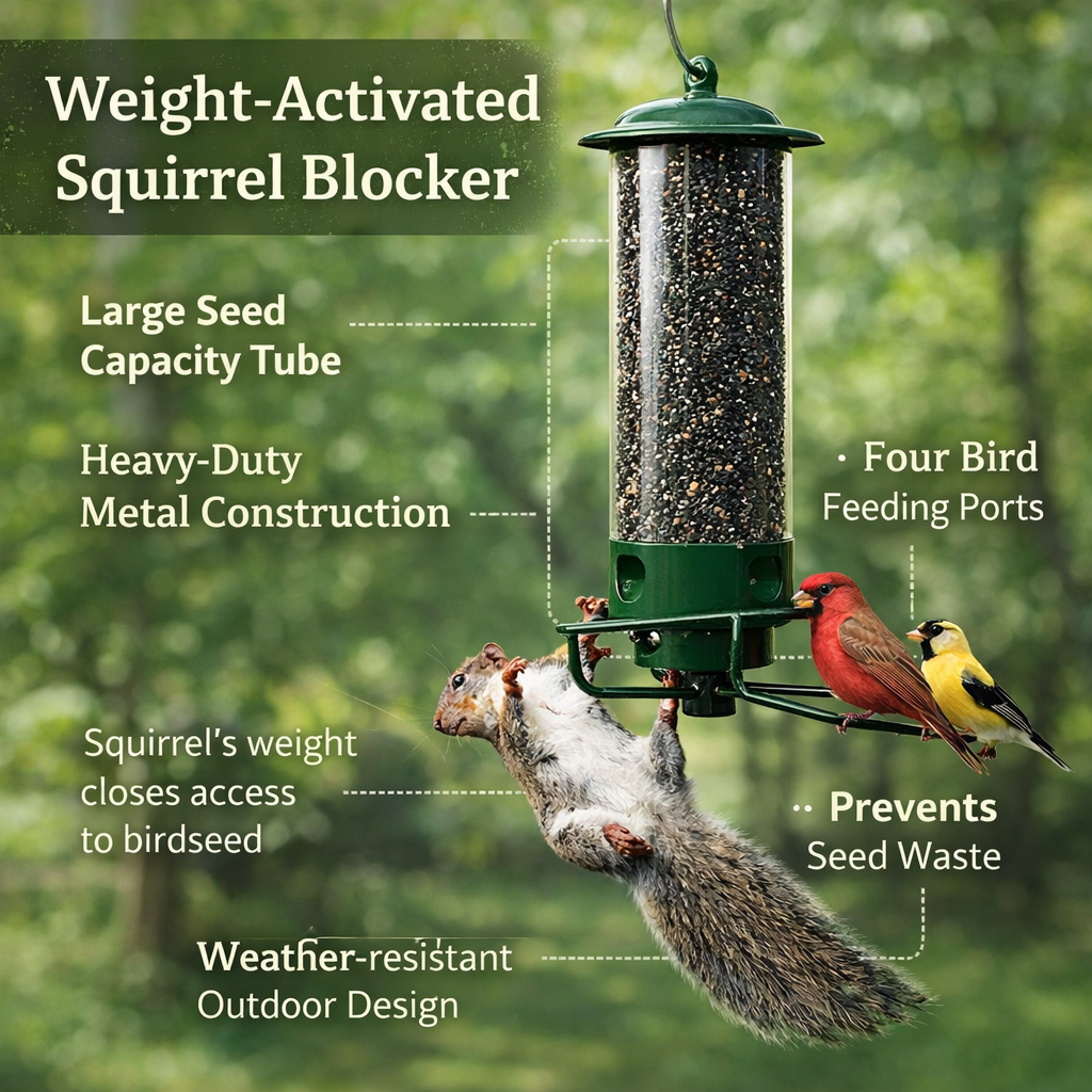 Squirrel Proof Bird Feeder Metal Hanging Tube Feeder with Weight Activated Rotating Perch and Four Feeding Ports for Wild Birds in Garden | Patio