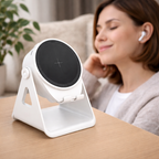 Bluetooth Speaker Phone Stand with Wireless Charger Adjustable Phone Holder with LED Ambient Light Rechargeable Battery for Bedside | Desk and Office