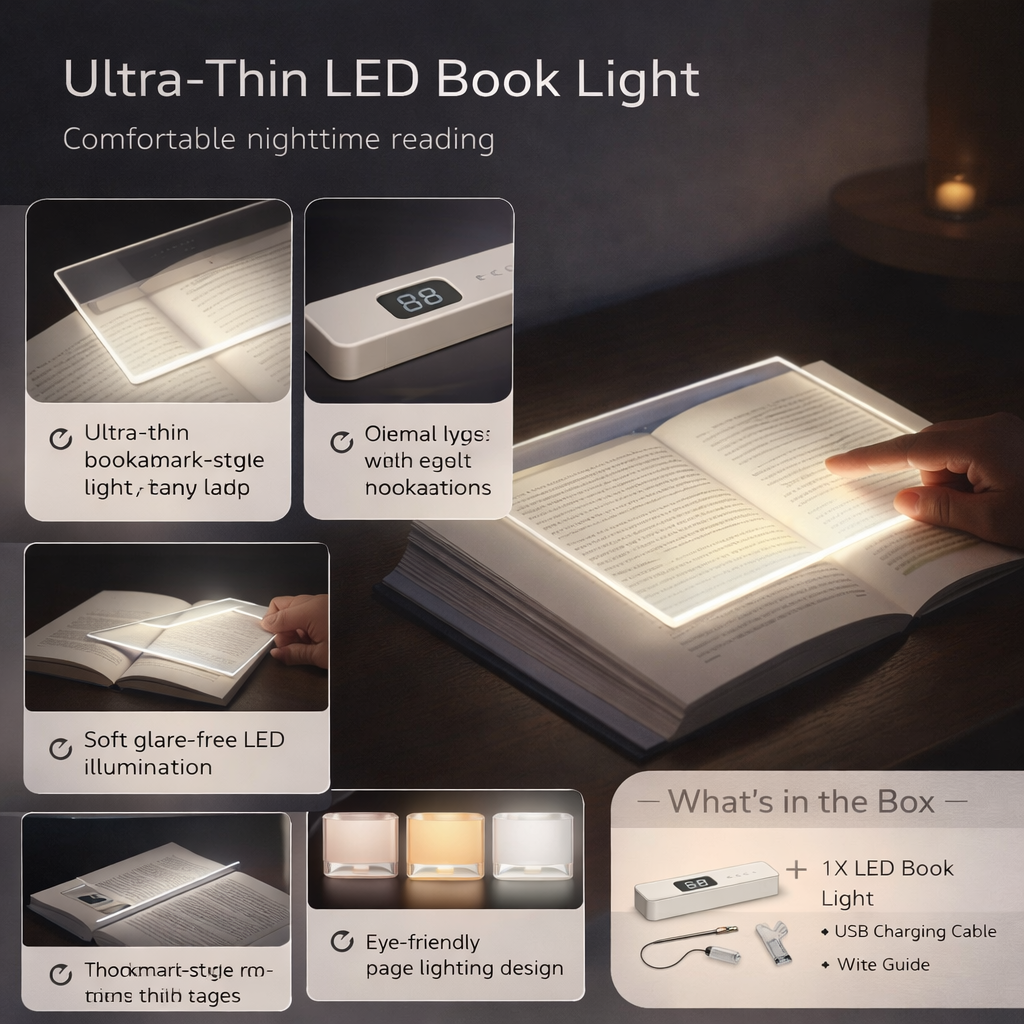 LED Book Light Ultra Thin Rechargeable Reading Lamp Flat Panel Page Light with Adjustable Colour Temperature Dimming and Timer for Reading in Bed