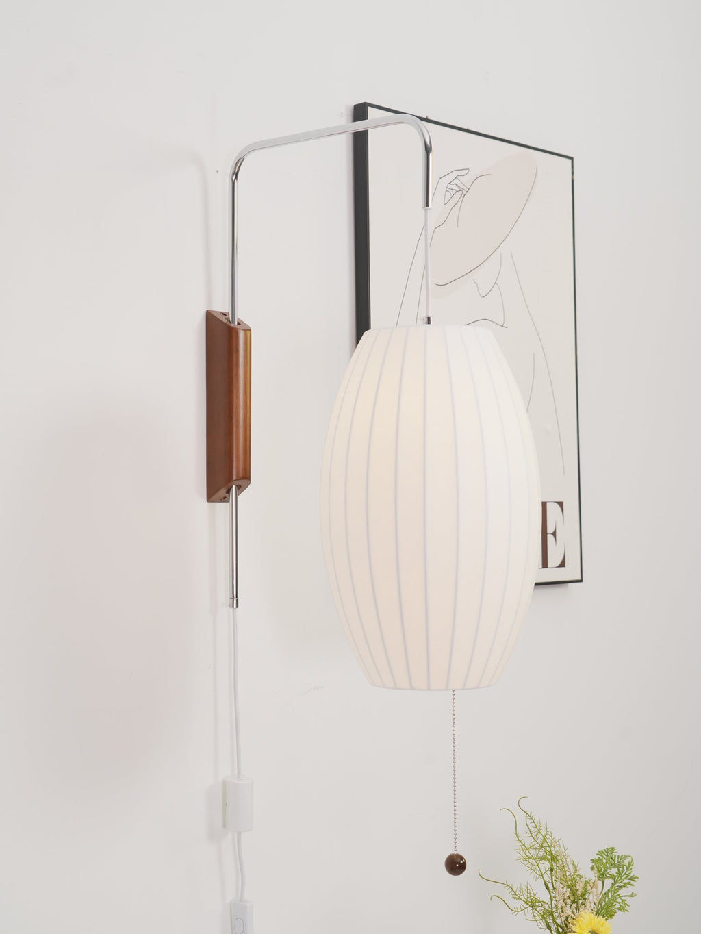 Ribbed Oval Wall Sconce With Pull Chain And Curved Arm