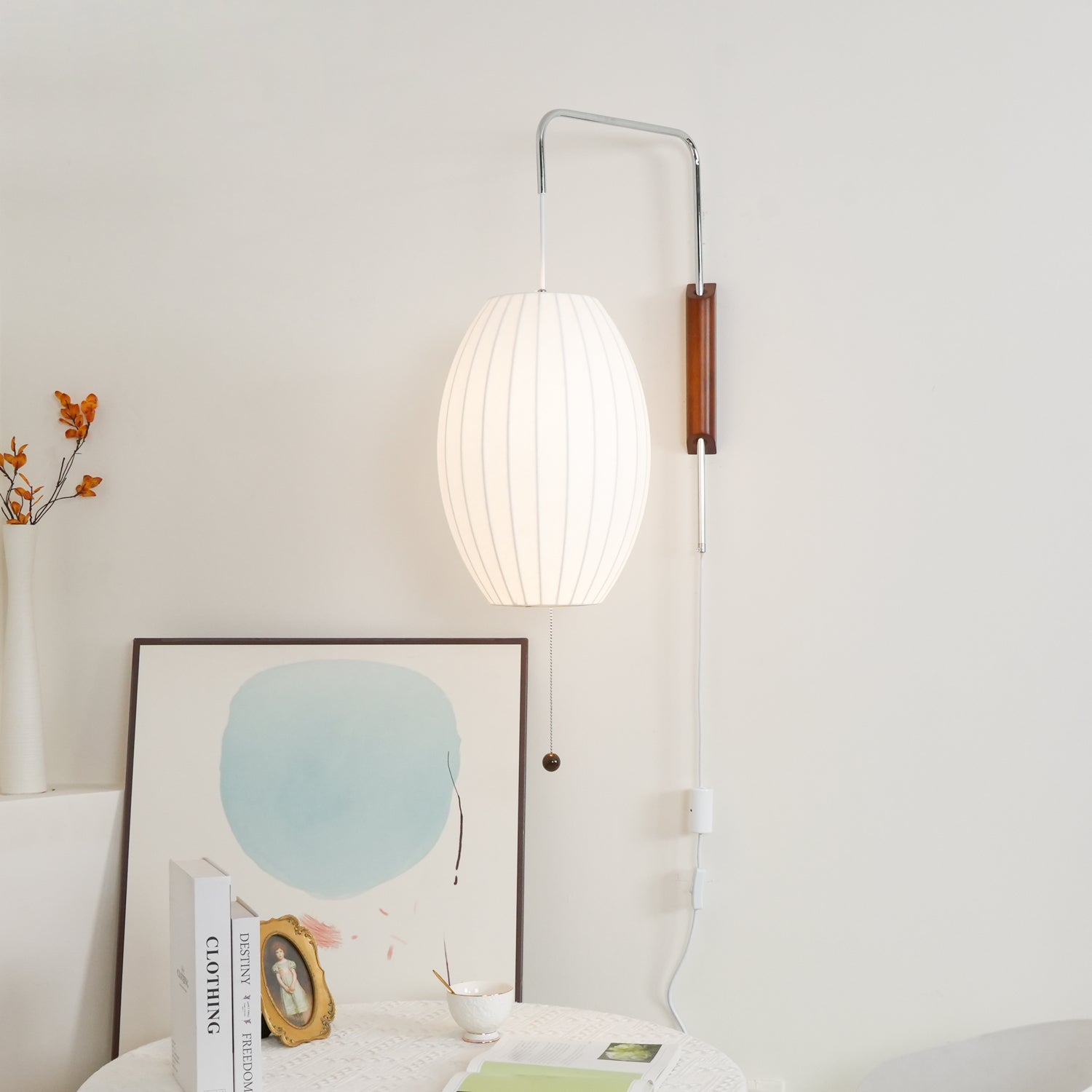 Ribbed Oval Wall Sconce With Pull Chain And Curved Arm