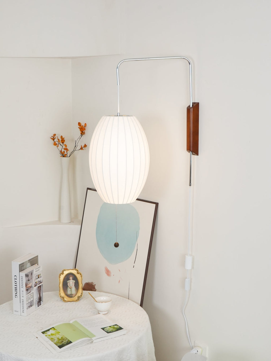 Ribbed Oval Wall Sconce With Pull Chain And Curved Arm