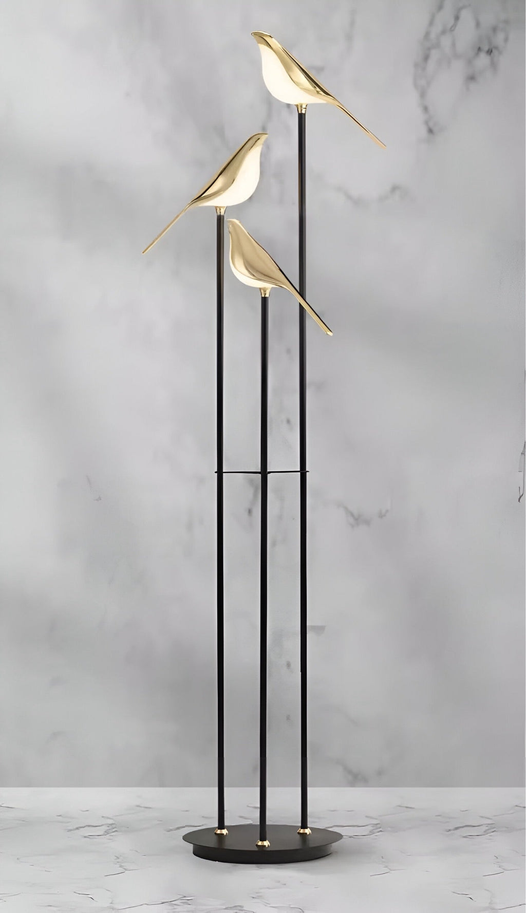Modern Bird LED Floor Lamp with 3 Light Heads and Gold Accents