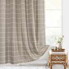 Boho Linen Look Shower Curtain Waterproof Fabric Bath Curtain with Tassel Trim Jacquard Weave Farmhouse Style with Hooks | Checked or Striped