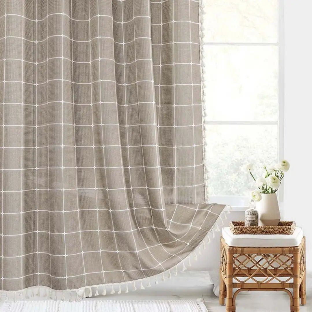 Boho Linen Look Shower Curtain Waterproof Fabric Bath Curtain with Tassel Trim Jacquard Weave Farmhouse Style with Hooks | Checked or Striped