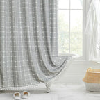 Boho Linen Look Shower Curtain Waterproof Fabric Bath Curtain with Tassel Trim Jacquard Weave Farmhouse Style with Hooks | Checked or Striped