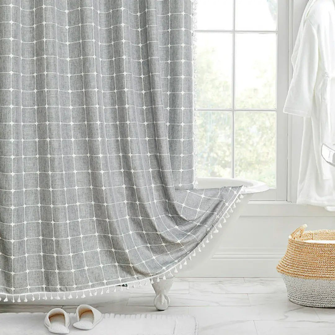 Boho Linen Look Shower Curtain Waterproof Fabric Bath Curtain with Tassel Trim Jacquard Weave Farmhouse Style with Hooks | Checked or Striped