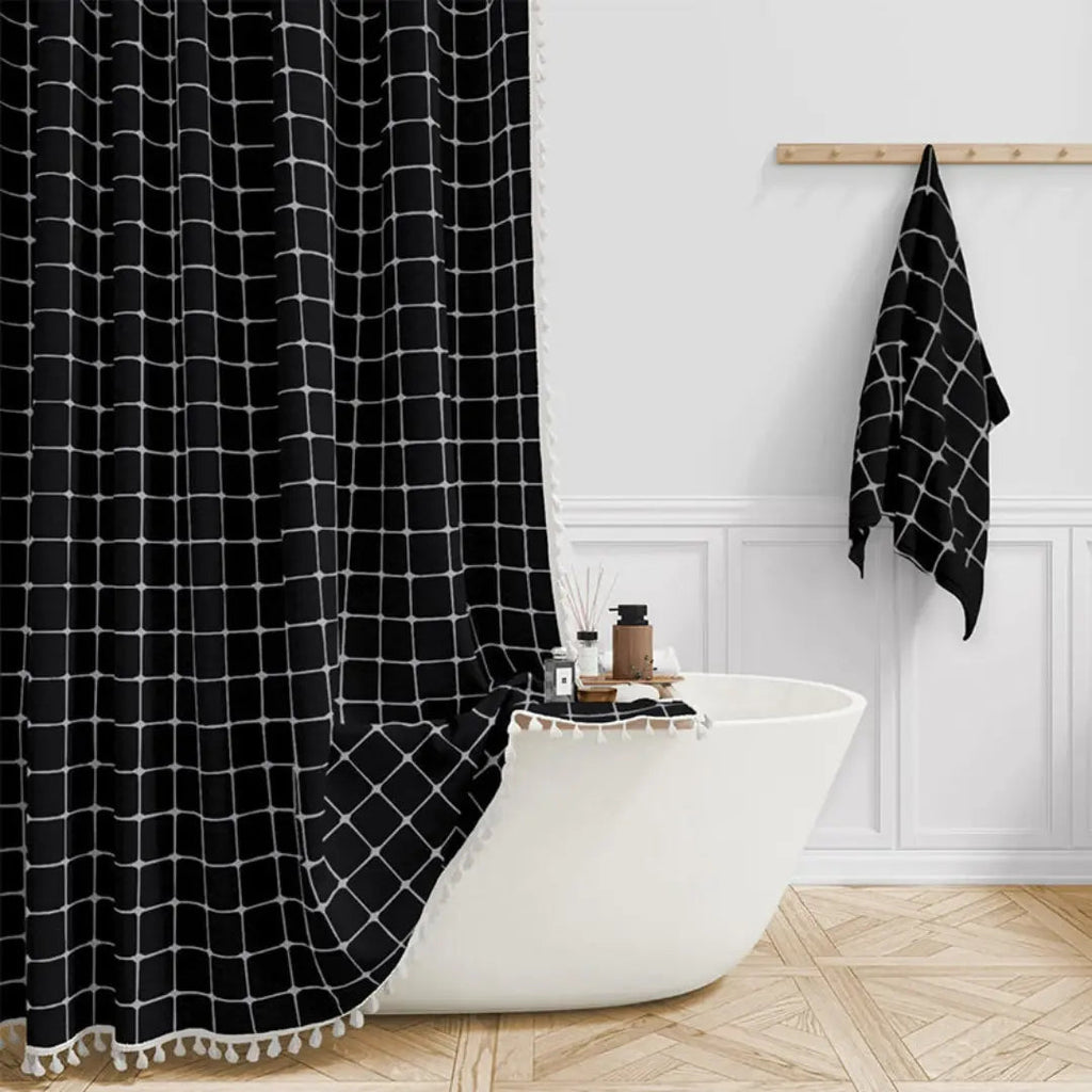 Boho Linen Look Shower Curtain Waterproof Fabric Bath Curtain with Tassel Trim Jacquard Weave Farmhouse Style with Hooks | Checked or Striped