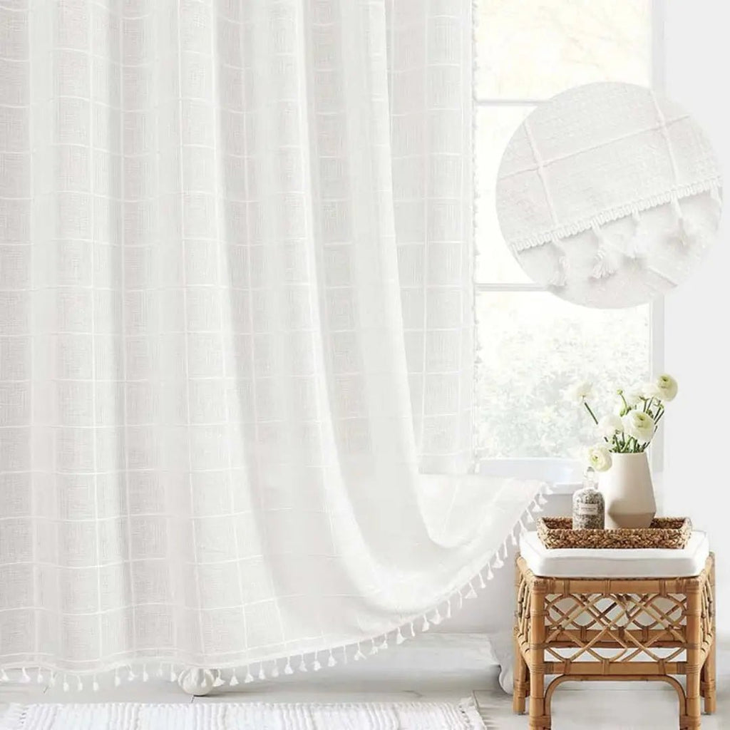 Boho Linen Look Shower Curtain Waterproof Fabric Bath Curtain with Tassel Trim Jacquard Weave Farmhouse Style with Hooks | Checked or Striped