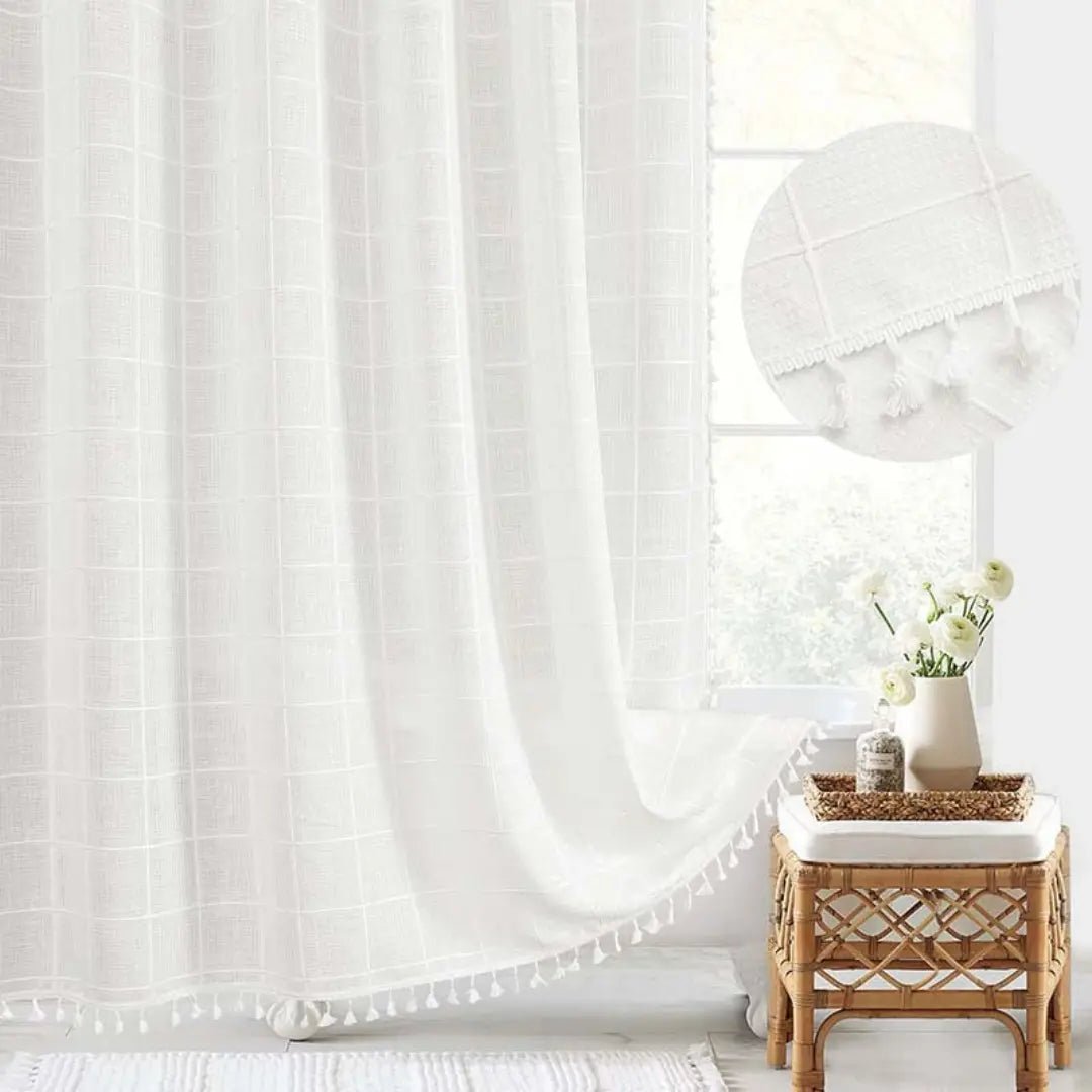 Boho Linen Look Shower Curtain Waterproof Fabric Bath Curtain with Tassel Trim Jacquard Weave Farmhouse Style with Hooks | Checked or Striped