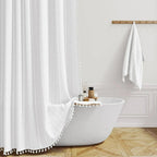 Boho Linen Look Shower Curtain Waterproof Fabric Bath Curtain with Tassel Trim Jacquard Weave Farmhouse Style with Hooks | Checked or Striped