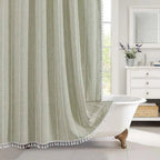 Boho Linen Look Shower Curtain Waterproof Fabric Bath Curtain with Tassel Trim Jacquard Weave Farmhouse Style with Hooks | Checked or Striped