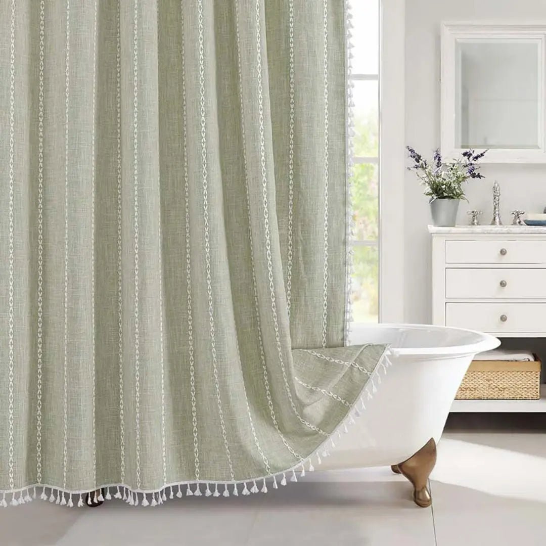 Boho Linen Look Shower Curtain Waterproof Fabric Bath Curtain with Tassel Trim Jacquard Weave Farmhouse Style with Hooks | Checked or Striped