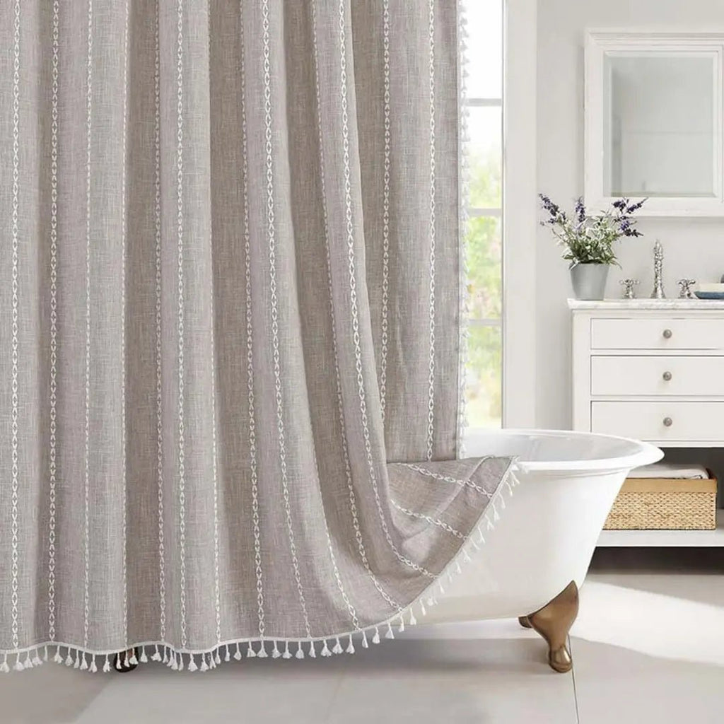 Boho Linen Look Shower Curtain Waterproof Fabric Bath Curtain with Tassel Trim Jacquard Weave Farmhouse Style with Hooks | Checked or Striped