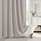Boho Linen Look Shower Curtain Waterproof Fabric Bath Curtain with Tassel Trim Jacquard Weave Farmhouse Style with Hooks | Checked or Striped