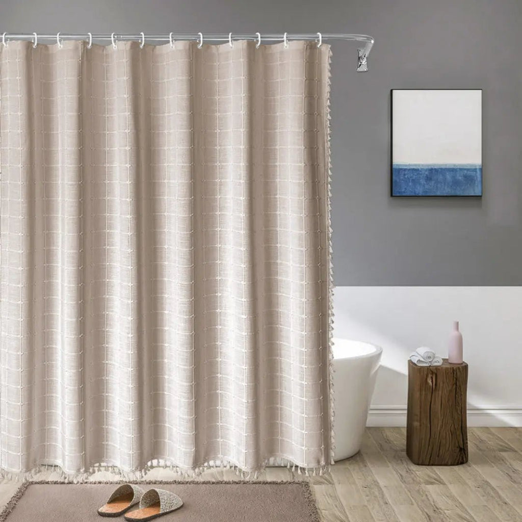 Boho Linen Look Shower Curtain Waterproof Fabric Bath Curtain with Tassel Trim Jacquard Weave Farmhouse Style with Hooks | Checked or Striped