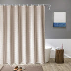 Boho Linen Look Shower Curtain Waterproof Fabric Bath Curtain with Tassel Trim Jacquard Weave Farmhouse Style with Hooks | Checked or Striped
