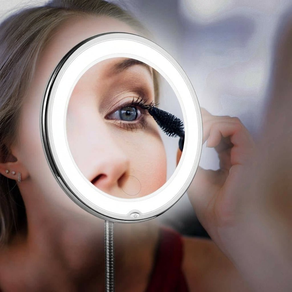 LED Magnifying Makeup Mirror with Suction Cup and Flexible Gooseneck Arm Illuminated High Magnification Vanity Mirror Battery Operated for Bathroom