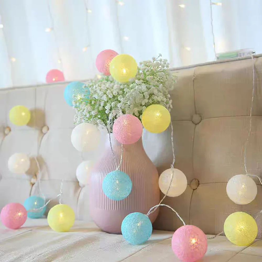 Cotton Ball String Lights LED Fairy Lights with Woven Cotton Balls Battery or USB Powered Garland Lights for Bedroom | Living Room | Nursery and Party