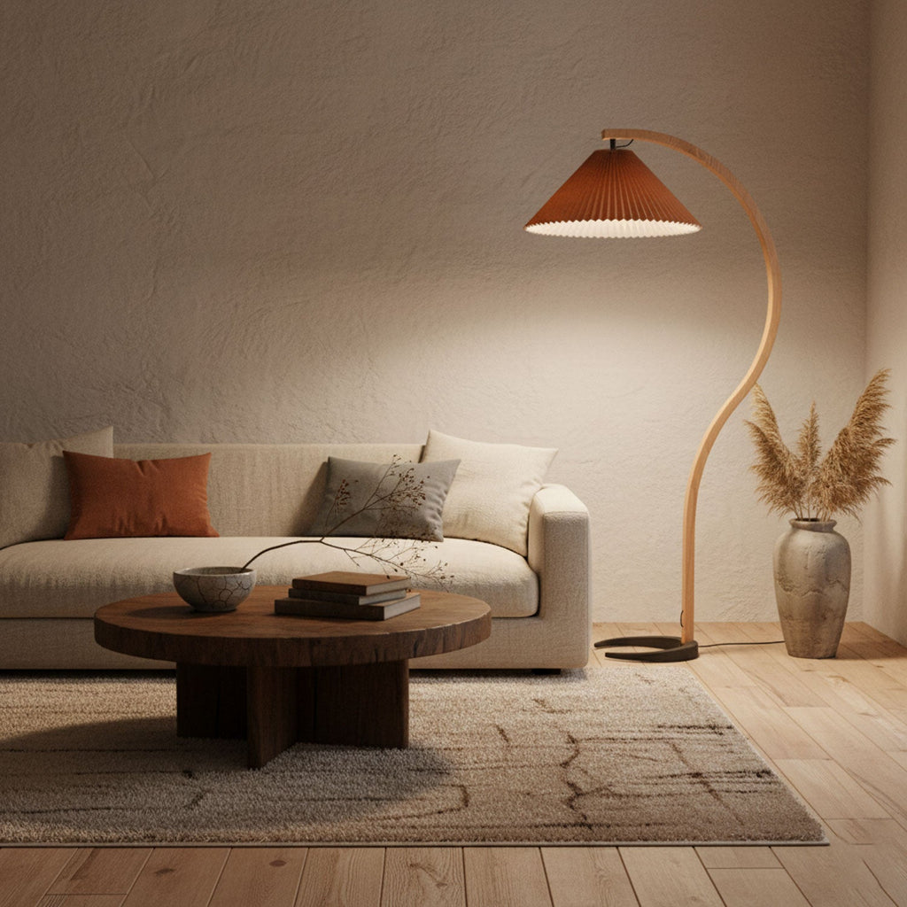 Curved Wooden Floor Lamp With Pleated Shade