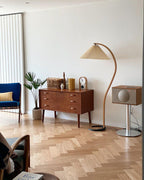 Curved Wooden Floor Lamp With Pleated Shade