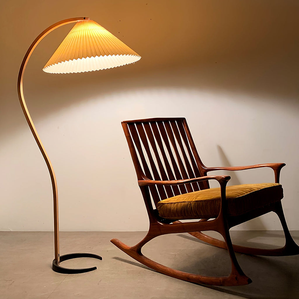 Curved Wooden Floor Lamp With Pleated Shade