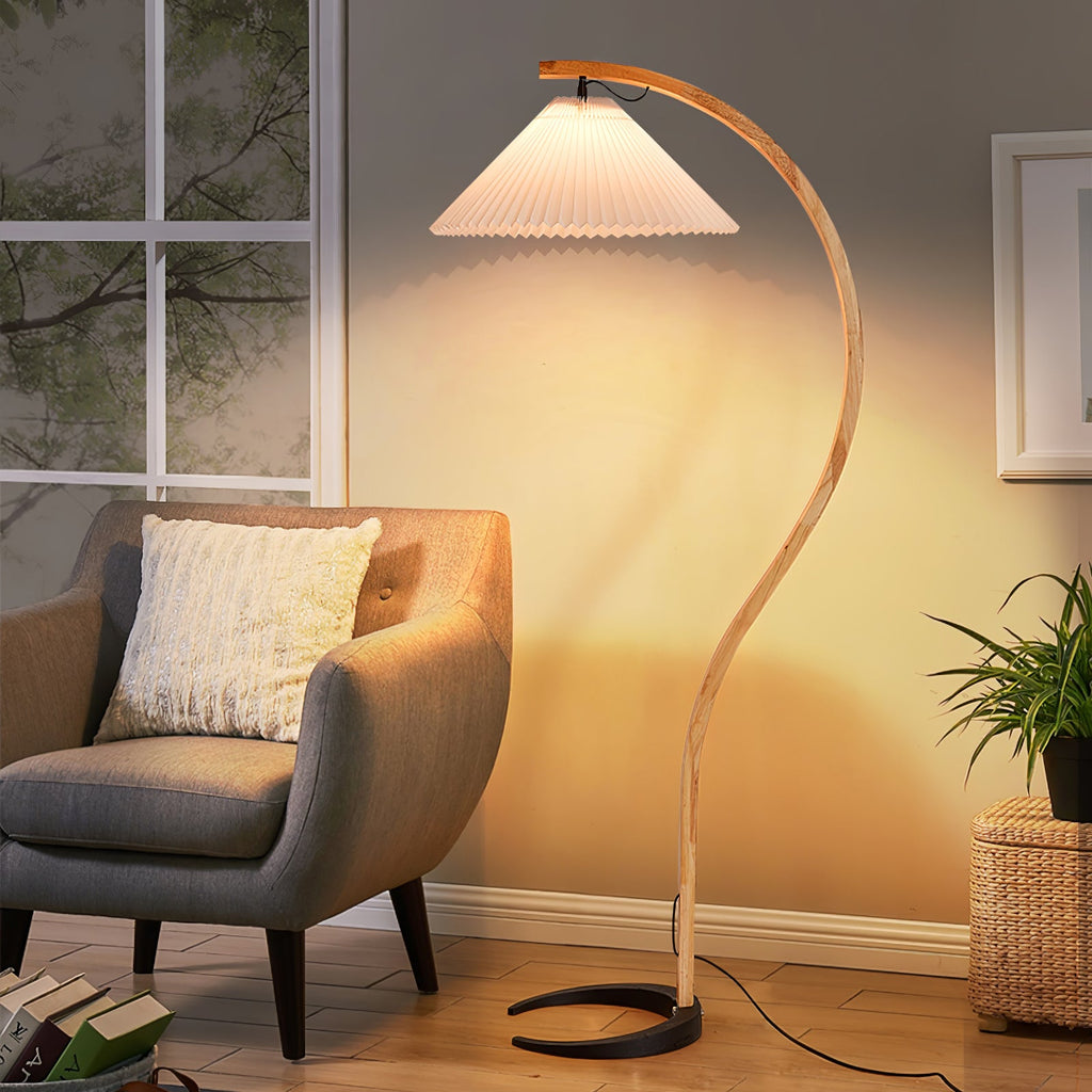 Curved Wooden Floor Lamp With Pleated Shade