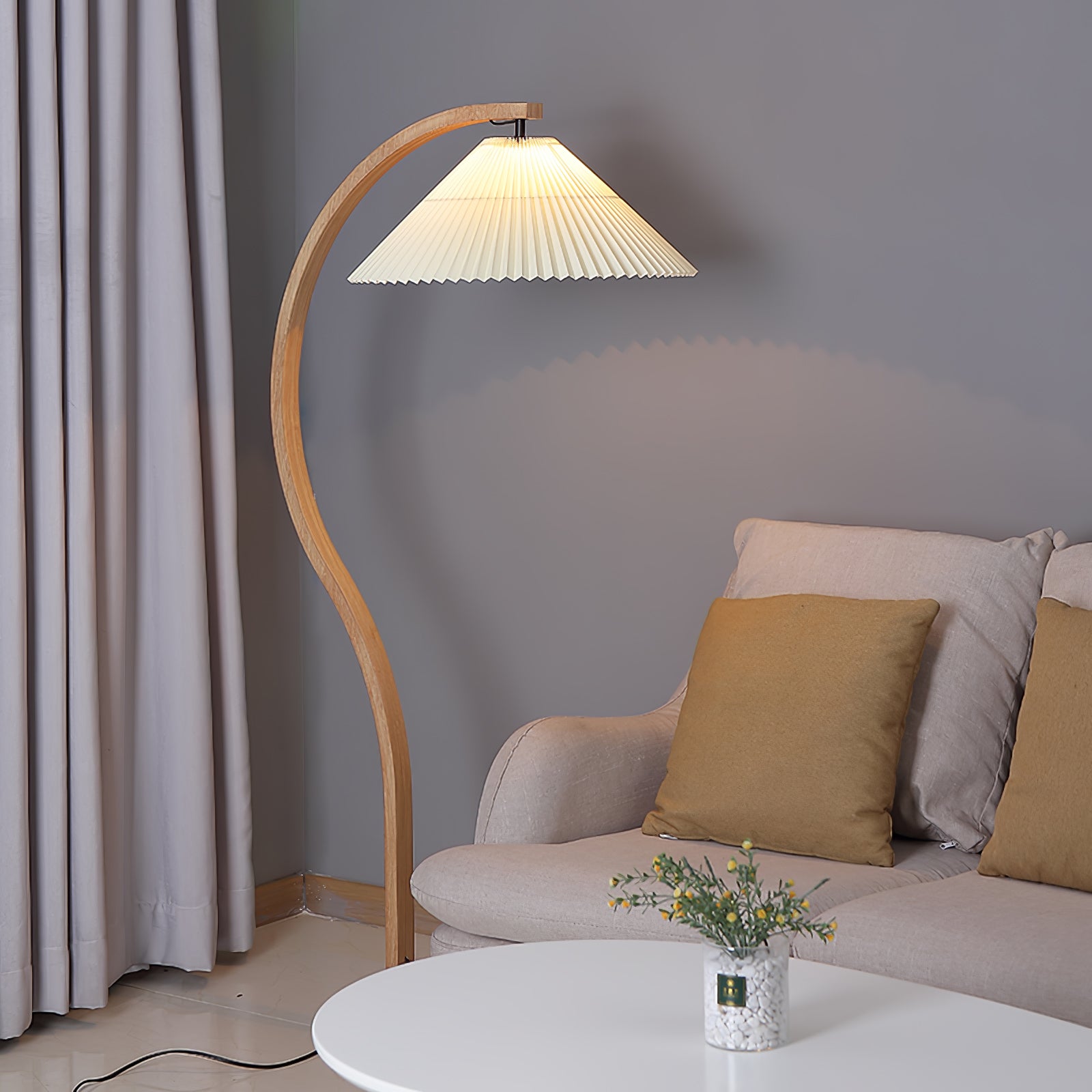 Curved Wooden Floor Lamp With Pleated Shade