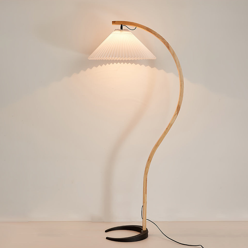 Curved Wooden Floor Lamp With Pleated Shade