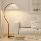 Curved Wooden Floor Lamp With Pleated Shade
