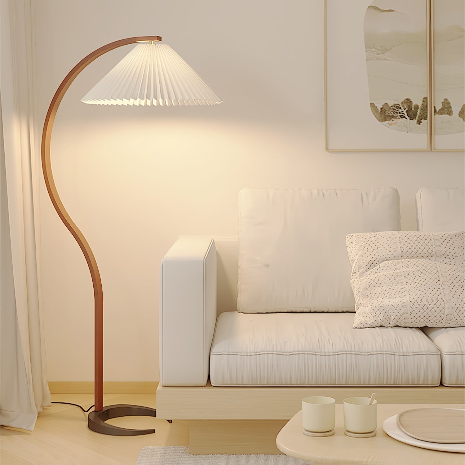 Curved Wooden Floor Lamp With Pleated Shade
